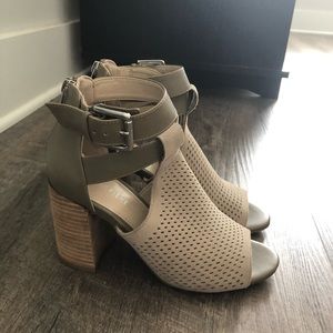 Tan Marc Fisher Open-Toe Heeled Booties